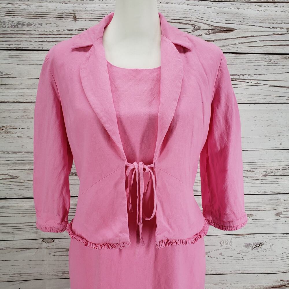 Positive Attitude Pink Linen Blend Sheath Dress Ruffle Trim Jacket Set Size 6